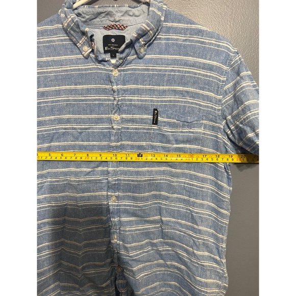 Ben Sherman Men’s Blue Striped Linen Rayon Short Sleeve Button Up Shirt Size LG - Picture 8 of 9